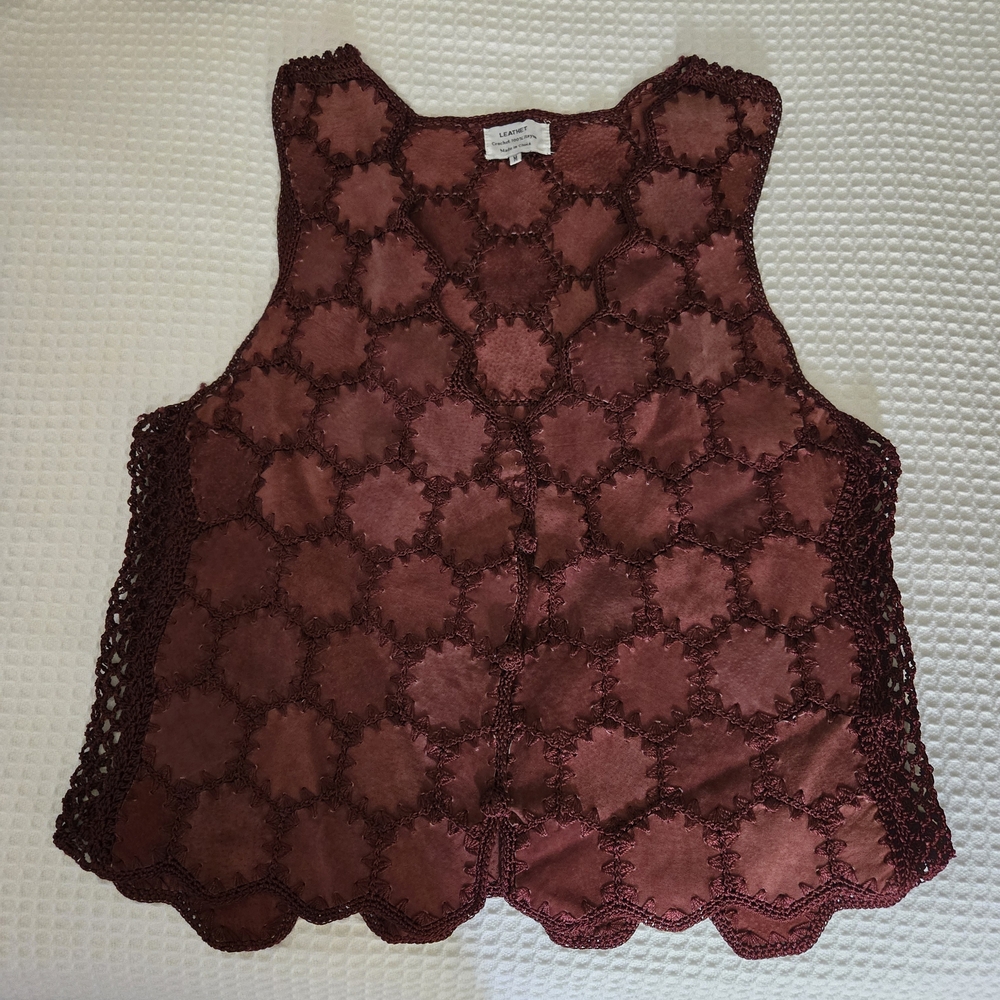 Leathet women's medium 100% crochet Rayon and leather maroon boho vest